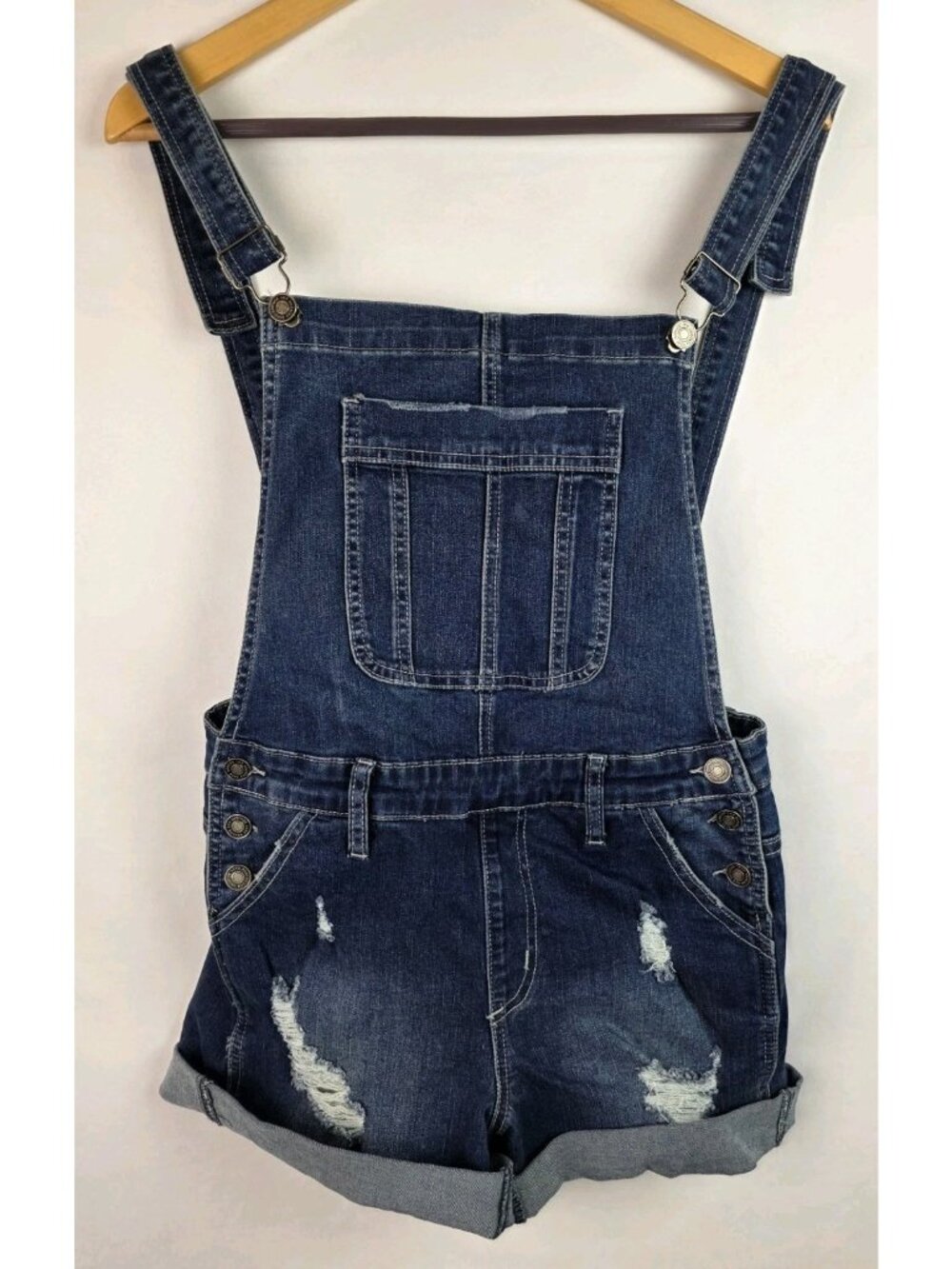 KanCan Women's Overalls Shorts Size Small Blue Denim Jean Distressed Shorts
